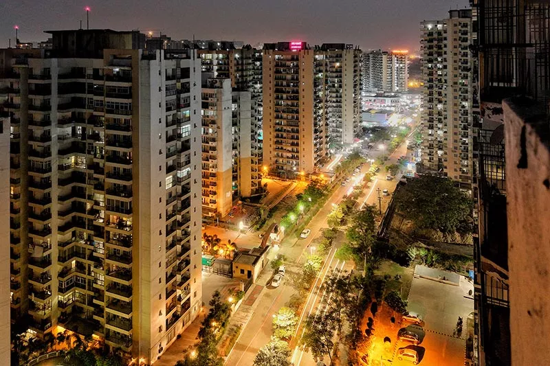 Aerial view of the city of New Delhi at night